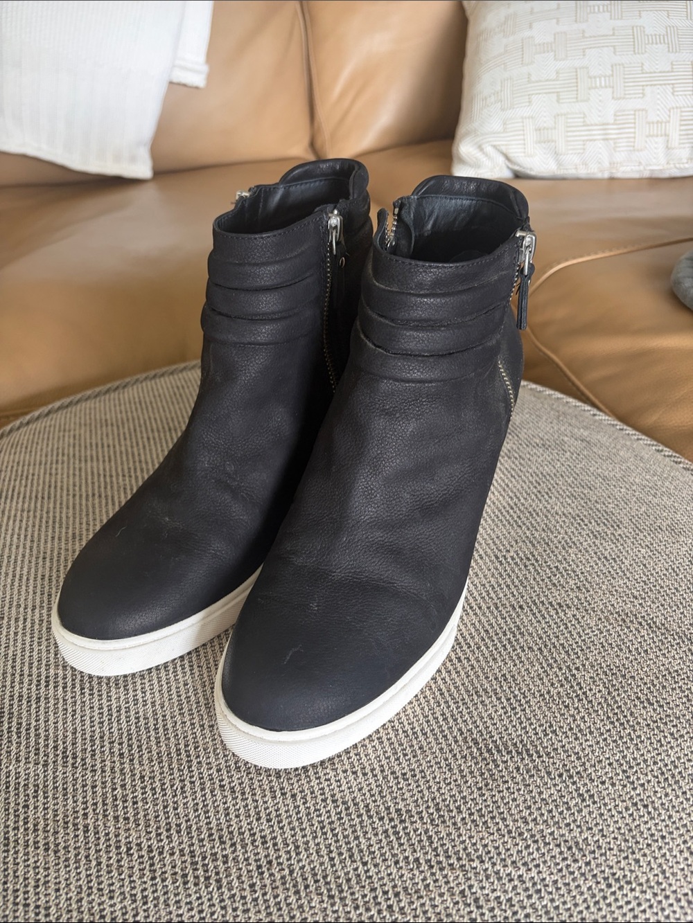 Paolo Black Leather Wedge Ankle Booties with White Soles